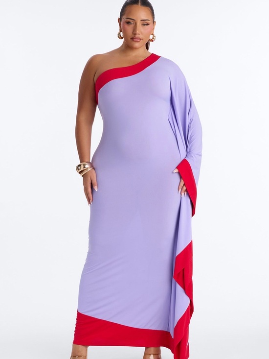 Fashion Nova Dresses & Skirts - Fashion Nova Lavender One-Shoulder Maxi Dress with Red Accents